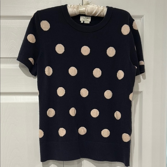 Kate Spade Womens  Sweater M Polka Dot Navy Cream Cashmere Blend Short Sleeve - Picture 4 of 9